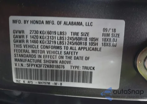 2019 Honda Ridgeline Rtl-E from USA, damaged, VIN 5FPYK3F72KB018076